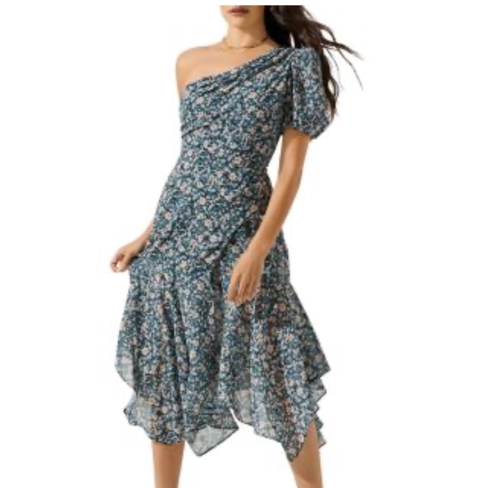 ASTR The Label Santorini Floral Asymmetric One Shoulder Midi Dress $164